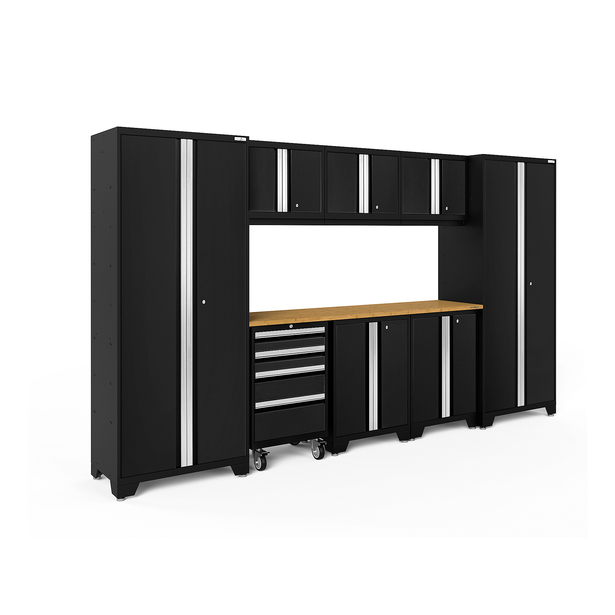 NewAge Products, Bold Series Black 9-Pc. Steel Garage Cabinet Set, Width 132 in, Height 76.75 in, Depth 18 in, Model# 63150